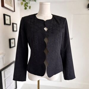 Scalloped Black Textured Jacket by Giuliana Rancic | Open Front Blazer |